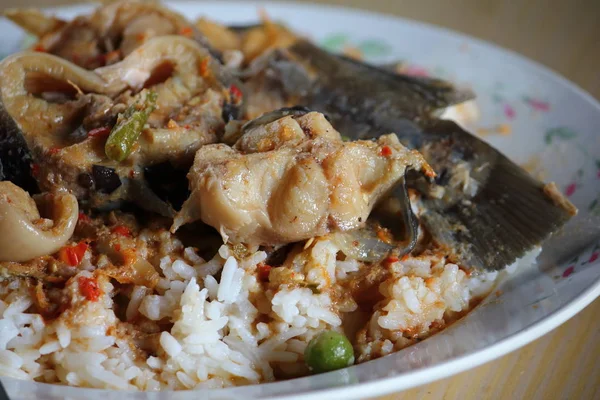 Kari ikan lele dengan nasi dalam makanan thai — Stok Foto