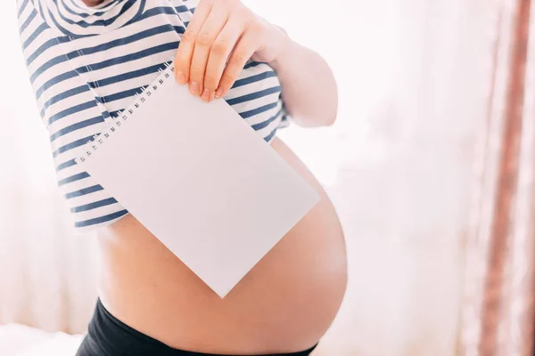 Allegro Donna Incinta Prendere Appunti Jotter Focalizzare Sulla Carta Pancia — Foto Stock