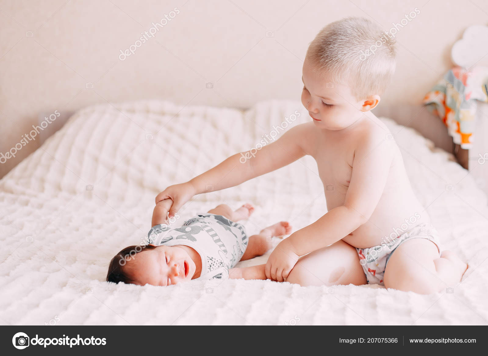 Elder Brother Blonde Boy Son Playing Little Baby Sister Black