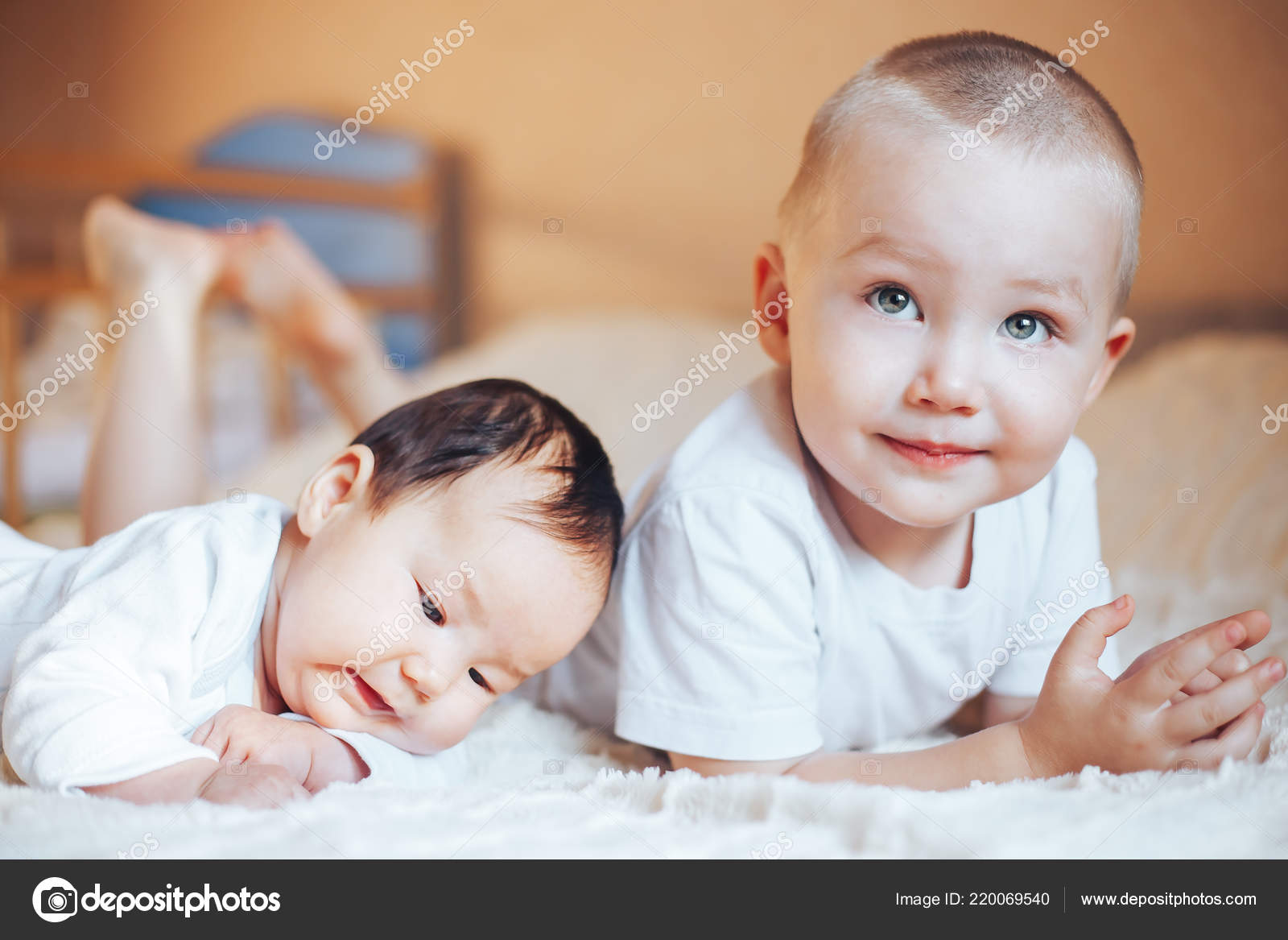 Elder Brother Blonde Boy Son Playing Little Baby Sister Black