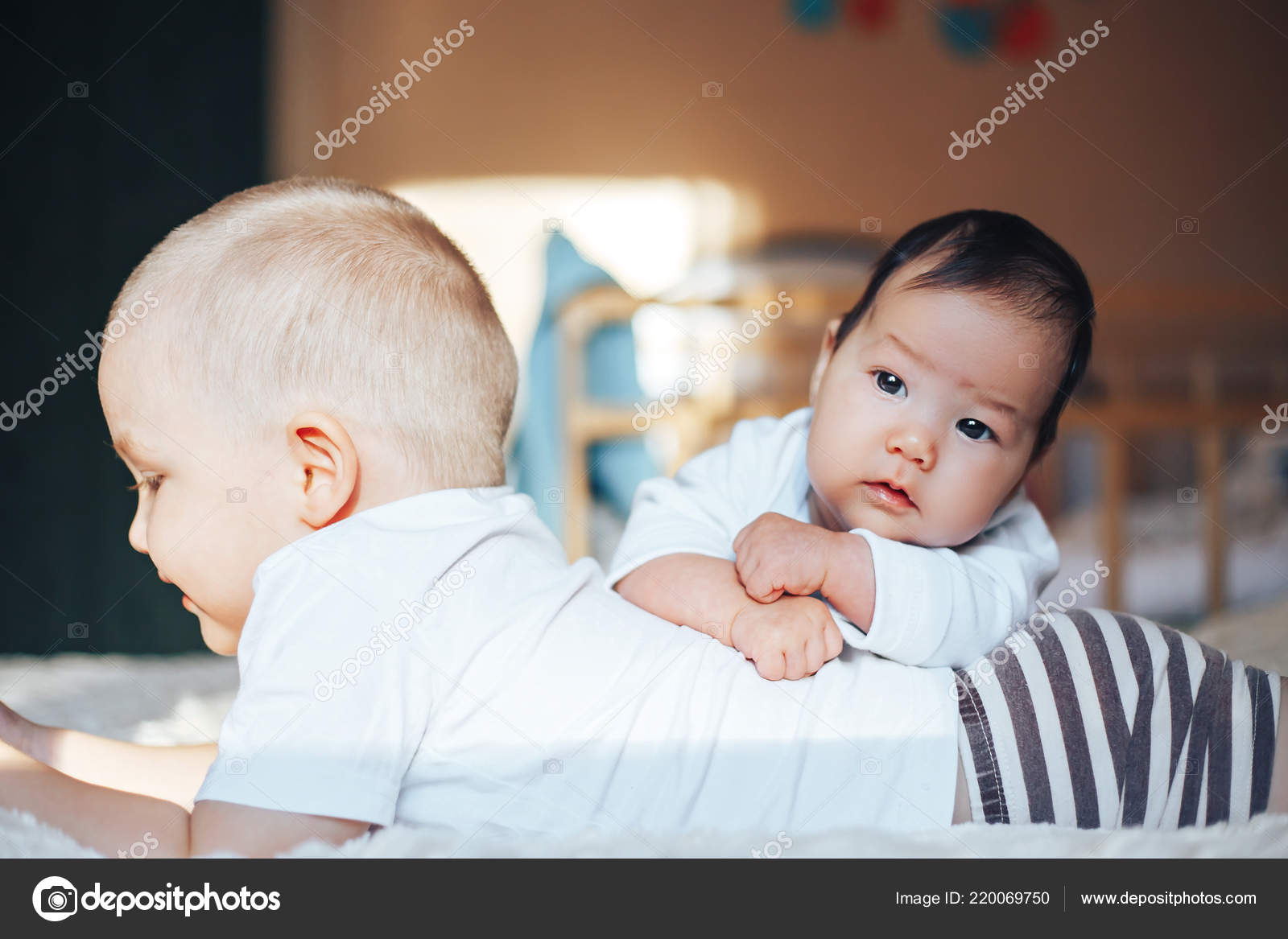 Elder Brother Blonde Boy Son Playing Little Baby Sister Black