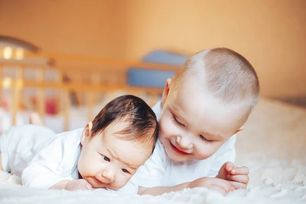 Elder Brother Blonde Boy Son Playing Little Baby Sister Black — Stock Photo, Image