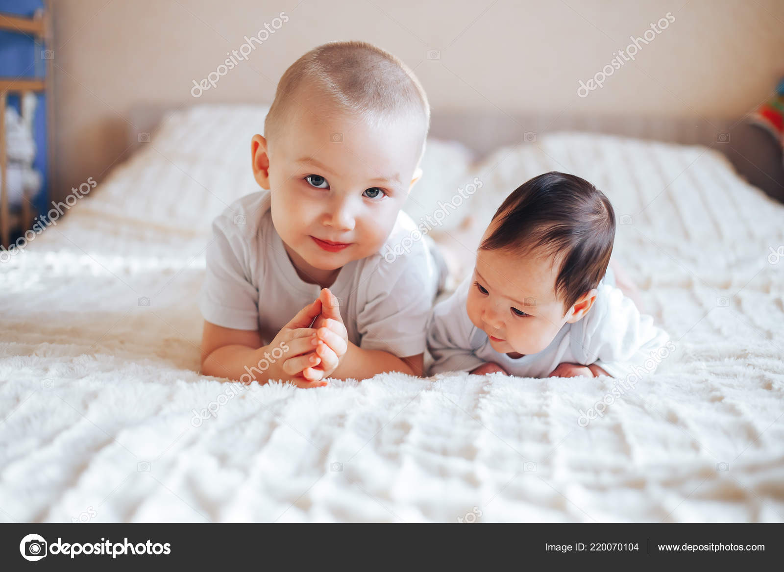 Elder Brother Blonde Boy Son Playing Little Baby Sister Black