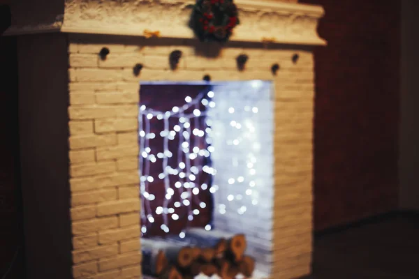 Christmas Decorations Base Unfocused Background Fireplace Soldier Socks Santa Claus — Stock Photo, Image