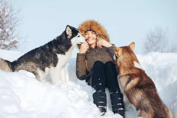 Felice giovane ragazza abbracciando husky rossi e neri in inverno — Foto Stock