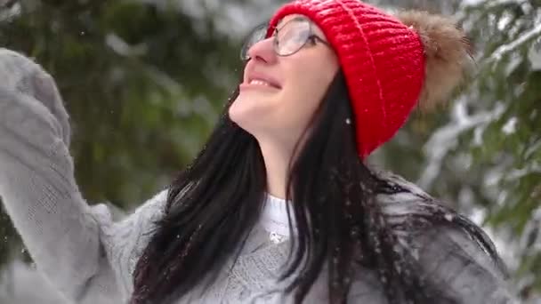 Niña Sacude Una Rama Árbol Cae Nieve Sobre Retrato Una — Vídeos de Stock