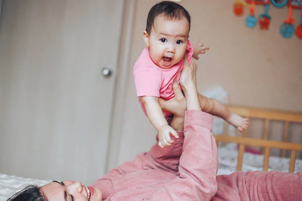 Mother Baby Pink Clothes Playing Laughing Happy Family Mothers Day — Stock Photo, Image