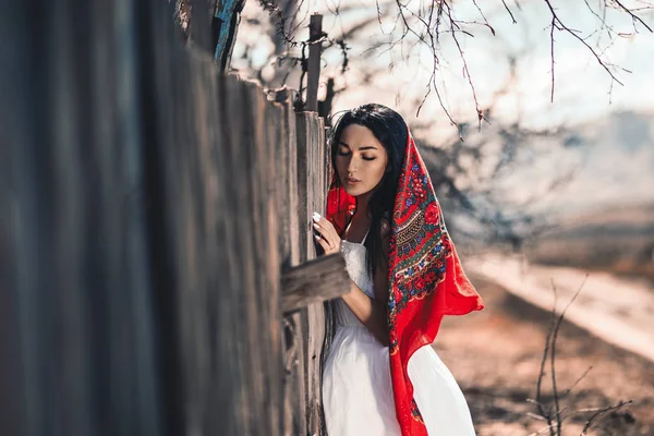 Ritratto di una bella ragazza dai capelli neri in un abito bianco vintage in piedi vicino a una recinzione di legno.Giovane modella in posa in stile nazionale russo. scialle rosso — Foto Stock