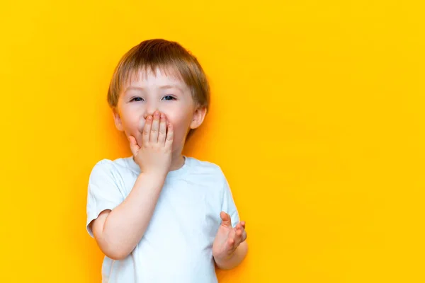 Κοντινό πλαίσιο συναισθηματικό έκπληκτος μικρό αγόρι καλύπτοντας το στόμα με τα χέρια απομονωμένα σε κίτρινο φόντο. ξανθιά μαλλιά ανάμεικτη φυλή Ασίας — Φωτογραφία Αρχείου