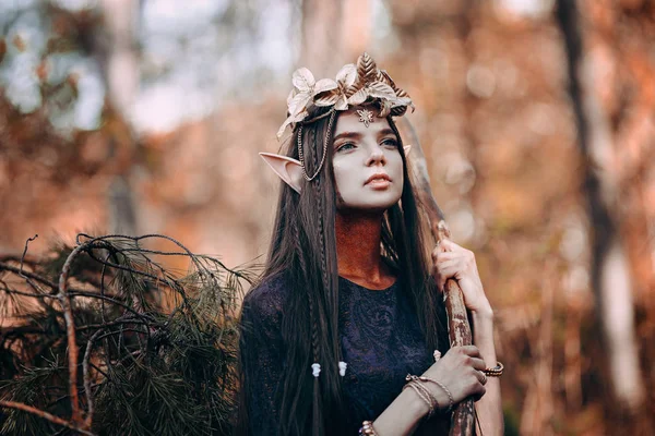 Vacker Elf kvinna Fabulous, Fairy Forest, famtasy ung kvinna med långa öron, långt mörkt hår gyllene krans krona på huvudet — Stockfoto