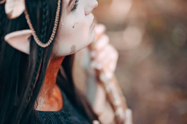 Close up detalhes bela mulher elfo fabuloso, floresta de fadas, mulher jovem famtasy com orelhas longas, longo cabelo escuro coroa coroa de coroa dourada na cabeça — Fotografia de Stock