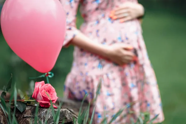 Kobieta w ciąży dotykając bump trzymając różowy róż dziewczyna czeka — Zdjęcie stockowe