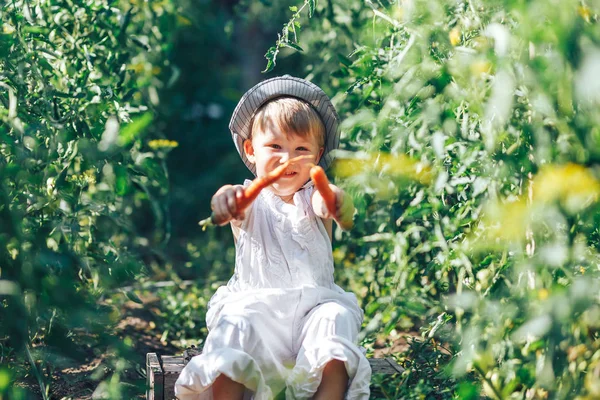 Детеныш фермера с морковью и какуальную одежду сидя в зеленой траве — стоковое фото