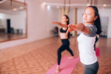 Güzel genç kızlar halı üzerinde hatha yogası yapıyorlar, rahatla, sağlık hizmeti.
