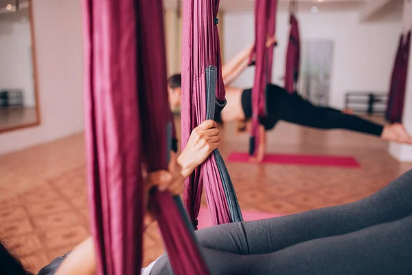 Beautiful Young Girls Doing Fly Yoga Hammocks Stretching Back Relaxing — Stock Photo, Image