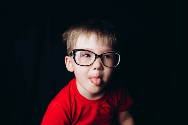 Pretty Blonde Boy Sitting Black Background Glasses Myopia Kid Vision — Stock Photo, Image