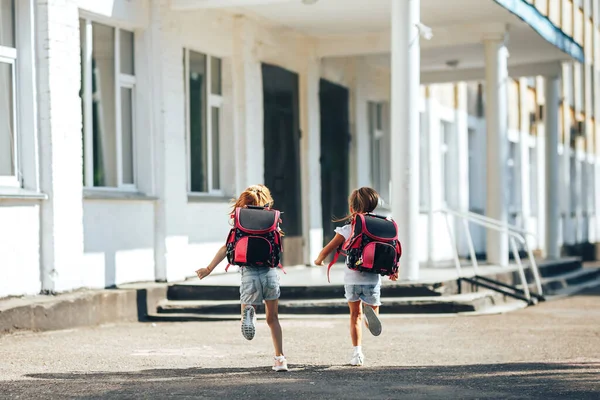 Two Schoolgirls Holding Each Other Hands Run School Back School — Stock Photo, Image