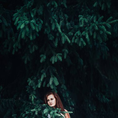 Güzel kızıl saçlı bir kız, Noel ağacının arka planında, bol saçlı, bahar vakti, doğal güzelliği olan..