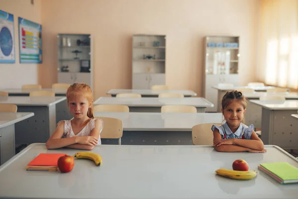 Дві Школярки Сидять Шкільним Столом Обговорюють Мету Уроку — стокове фото