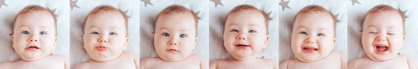 Colagem de seis fotos de um bebê, fotos de um bebê em emoções diferentes, um bebê recém-nascido com olhos azuis e cabelos loiros — Fotografia de Stock