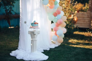 Helyum dolu renkli balonlar ve birbirine bağlı mavi-pembe balonlar..