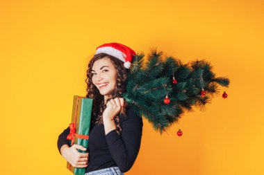 Elinde büyük bir hediye ve elinde Noel ağacı olan genç bir kadın, sarı arka planda kırmızı bir şapkası var..