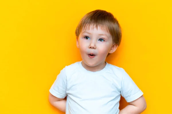 Joyeux Bebe Garcon De Trois Ans En T Shirt Blanc Se Tient Sur Fond Jaune Ouvrir La Bouche Surpris Cheveux Blonds Mixte Race Asiatique Interieur Studio Stock Photo Joyeux Bebe Garcon De Trois Ans En T Shirt Blanc Se Tient Sur Fond Jaune Ouvrir La Bouche Surpris Cheveux Blonds Mixte Race Asiatique Interieur Studio Stock Photo