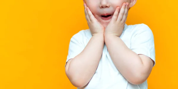 Joyeux Bebe Garcon De Trois Ans En T Shirt Blanc Se Tient Sur Fond Jaune Ouvrir La Bouche Surpris Cheveux Blonds Mixte Race Asiatique Nourrisson Surprise Stock Photo Joyeux Bebe Garcon De Trois Ans En T Shirt Blanc Se Tient Sur Fond Jaune Ouvrir La Bouche Surpris Cheveux Blonds Mixte Race Asiatique Nourrisson Surprise Stock Photo
