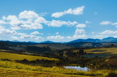 Minas Gerais tepelerinin ve çiftliklerin farklı tonlarda yeşil ve bulutlu gökyüzünün dramatik manzarası.