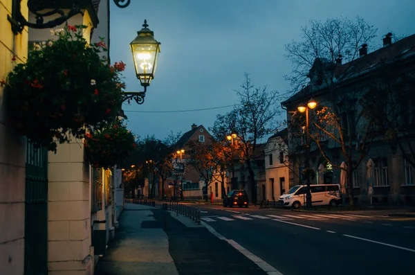 Пустые Улицы Загреба Хорватия Освещаются Лампами Улице Пасмурный Ранний Вечер — стоковое фото