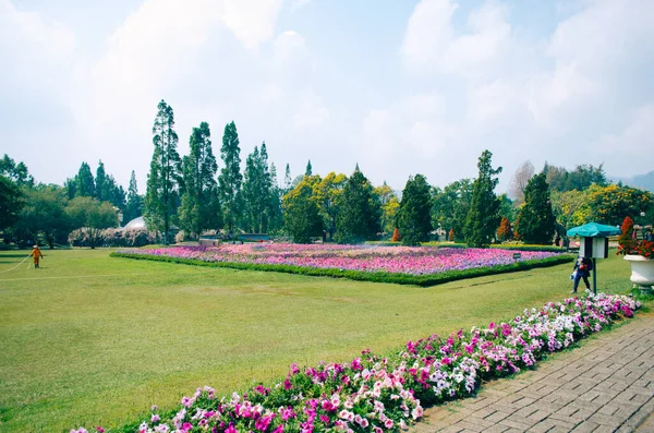 Bogor, Endonezya - Bulutlu bir öğleden sonra Taman Bunga Nusantara 'nın çiçek temalı parkının manzarası.