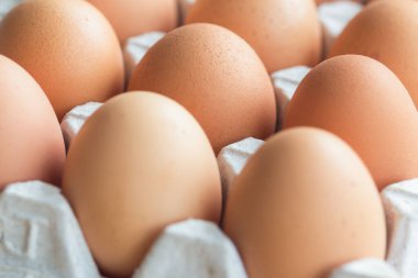 Tahta masadaki yumurta rafında taze yumurtalar. Tavuk yumurtalarını pişirme ya da ahşap masa üzerinde fırın için hazırlayın. Seçici odak kavramını kapat. Arka plan veya duvar kağıdı için makro konsepte sahip taze yumurtalar..