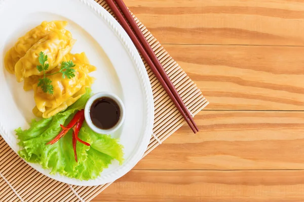 Homemade Minced Pork Shrimp Dumpling Dipping Soy Sauce Wood Table — Stock Photo, Image