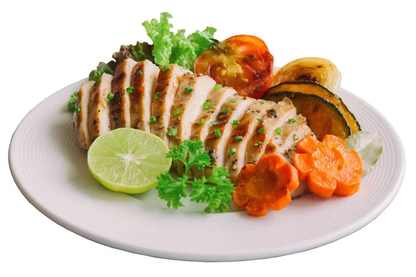 화이트는 접시에 닭고기를 경로와 건강에 점심이나 식사로 맛있는 야채를 것으로 스톡 사진