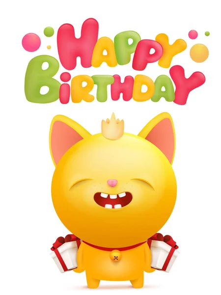 Modelo Cartão Aniversário Feliz Com Caráter Gato Emoji Amarelo Ilustração — Vetor de Stock