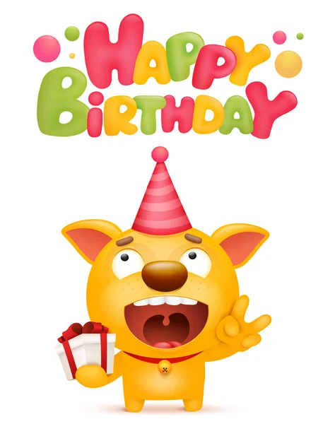 Happy Birthday Card Template Yellow Emoji Dog Cartoon Character Vector — Stock Vector