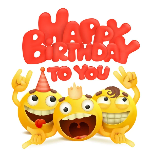 Cartão Aniversário Feliz Com Grupo Personagens Desenhos Animados Emoji Amarelo — Vetor de Stock