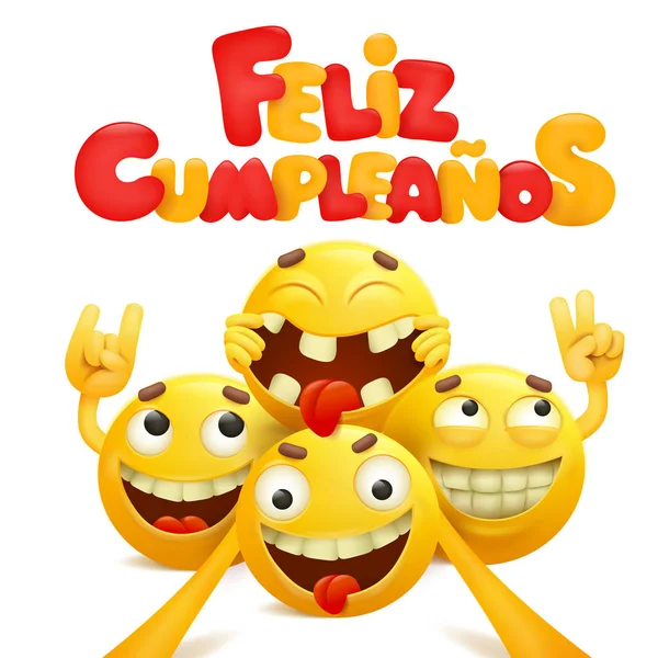 Feliz Cumpleanos - grup sarı emoji çizgi film karakterleri ile İspanyol tebrik kartı olarak mutlu yıllar. Vektör çizim