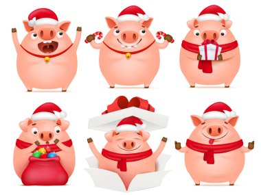 sevimli domuz karikatür karakter kümesi. Yeni yıl kartı için şablon. Vektör çizim