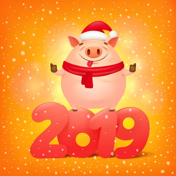 Mutlu çene yeni yıl 2019 Afiş kartı sevimli çizgi domuz karakter vektör çizim ile