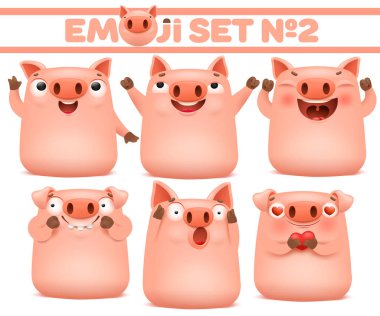 Çeşitli duygular içinde şirin domuz karikatür emoji karakter kümesi. Vektör çizim