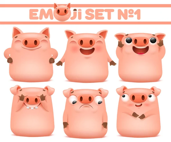 Çeşitli duygular içinde şirin domuz karikatür emoji karakter kümesi. Vektör çizim