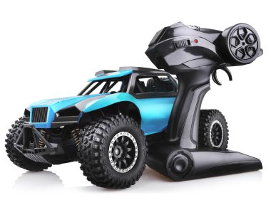 RC model ralli oyuncak araba, uzaktan kumanda ile offroad buggy. Beyaz arka plan üzerinde izole