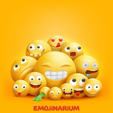 Smiley komik yüz ifadeleri ile emoji karakterleri 3D grup yüzleri