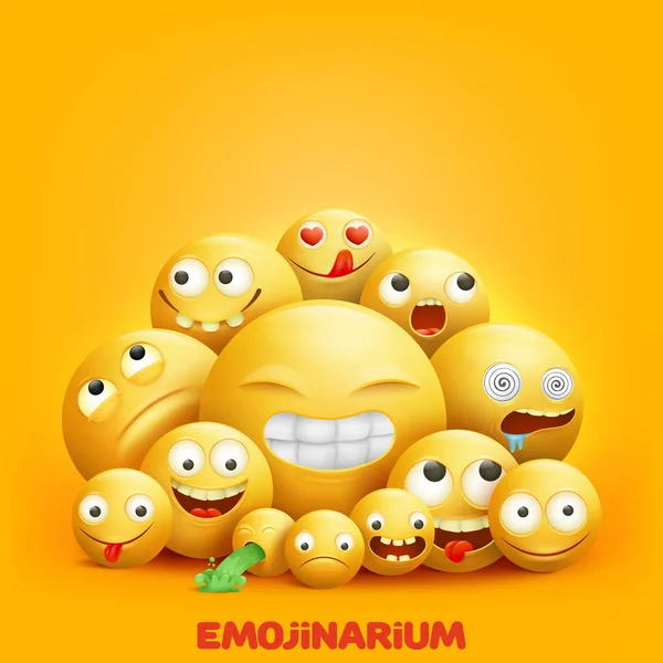 Smiley enfrenta grupo 3d de personagens emoji com expressões faciais engraçadas — Vetor de Stock