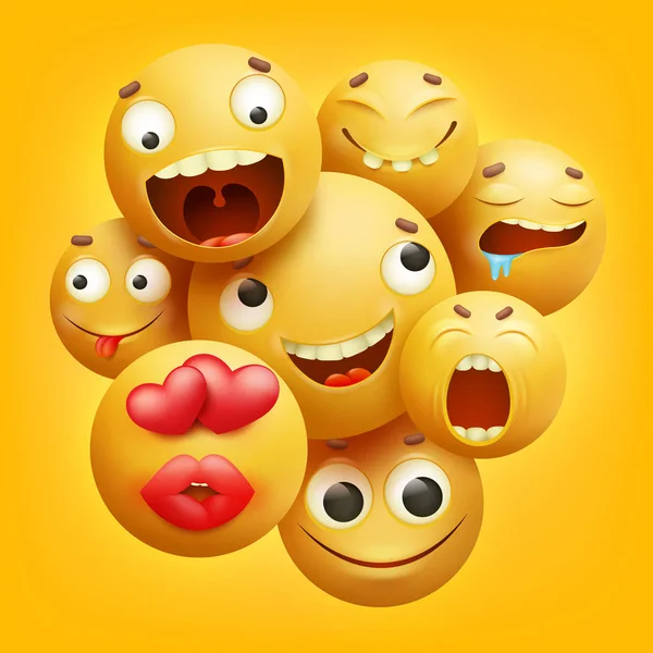 Gruppo di personaggi emoji dei cartoni animati gialli smiley — Vettoriale Stock