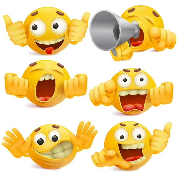 Cara sonriente amarillo divertido emoticono personajes de dibujos animados conjunto — Vector de stock