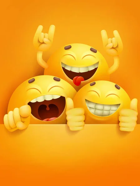 Τρία κινούμενα σχέδια κίτρινο χαμόγελο χαρακτήρες πρόσκληση πρότυπο κάρτα — Διανυσματικό Αρχείο