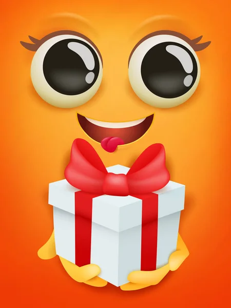 Plantilla de tarjeta de cumpleaños feliz con emoticono de cara sonriente amarilla con caja de regalo — Archivo Imágenes Vectoriales