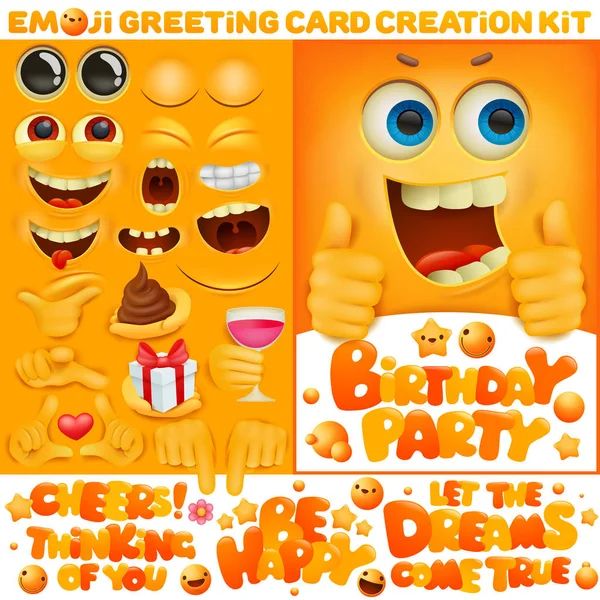 Cumpleaños tarjeta de felicitación creación diy conjunto. 3d amarillo sonrisa emoji dibujos animados carácter elementos colección . — Vector de stock